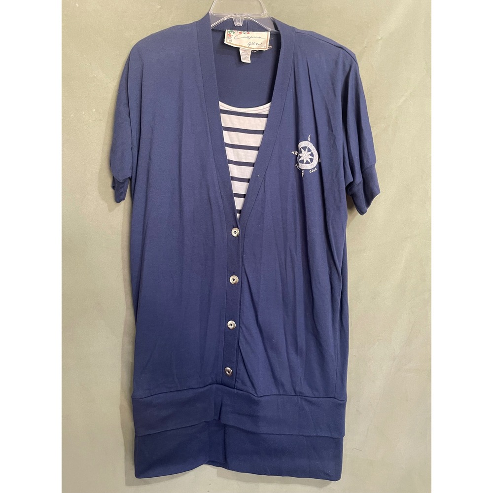 Vintage California Gold Rush Navy Yacht Club Compass Button Front Cardigan Top M
